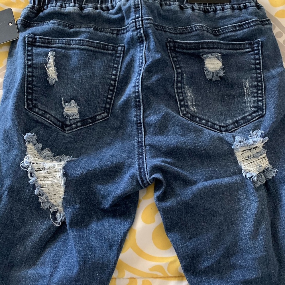 Denim Distressed Drawstring Crop Jeans, Sz 2 - Picture 7 of 8